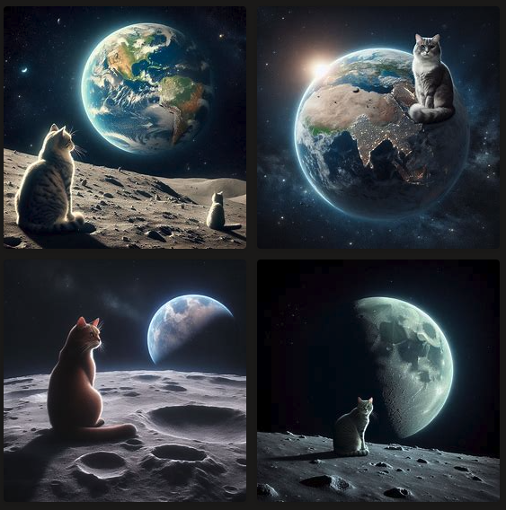 Bing Image Create - A photo realistic image of a cat sat on the moon, looking back at the earth.