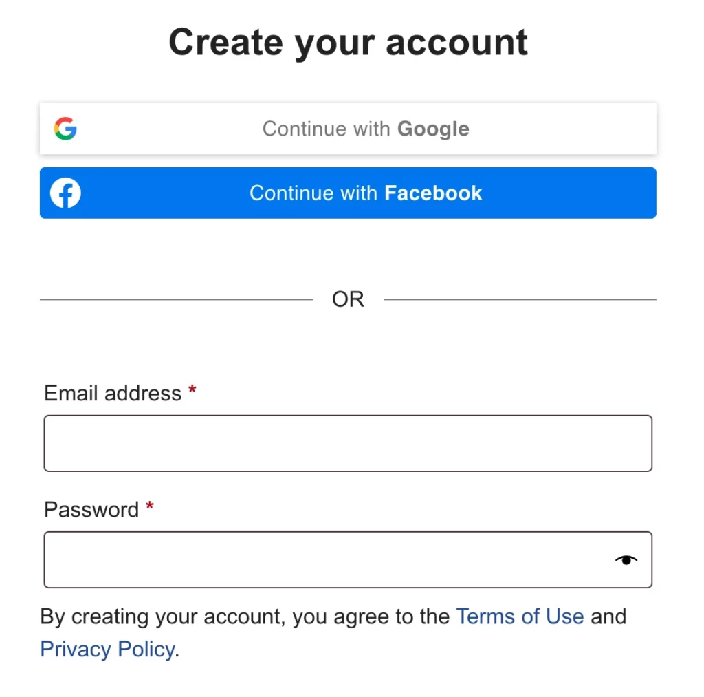 Create your account form